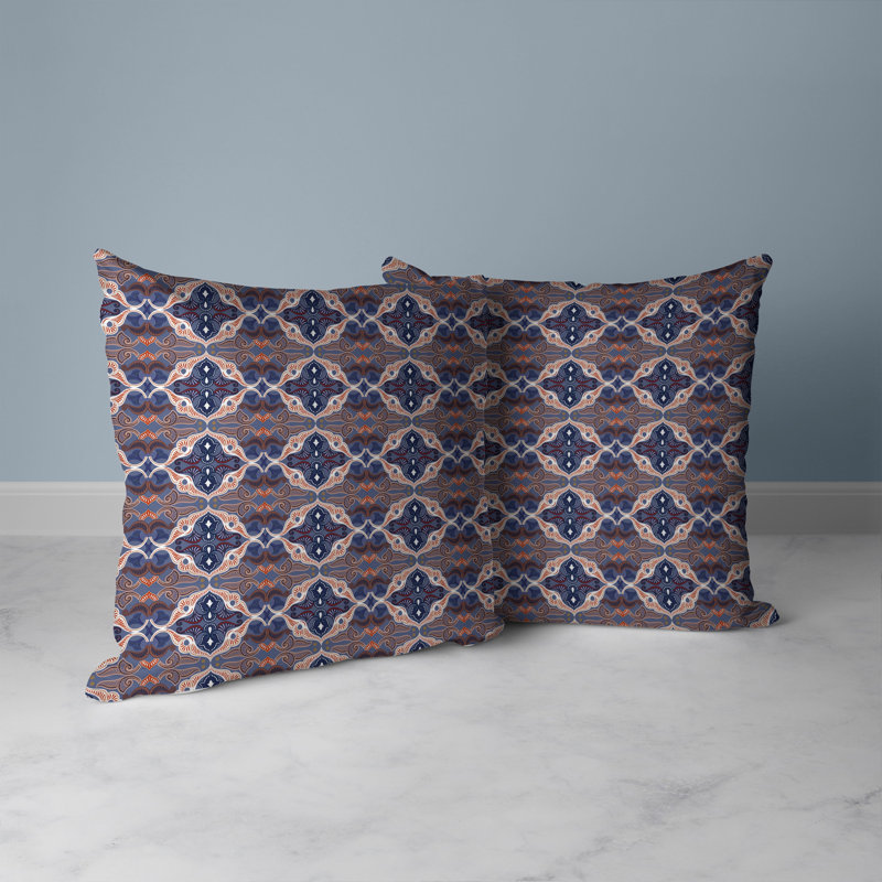 Blue and Red Faux Suede Floral Square Throw Pillow
