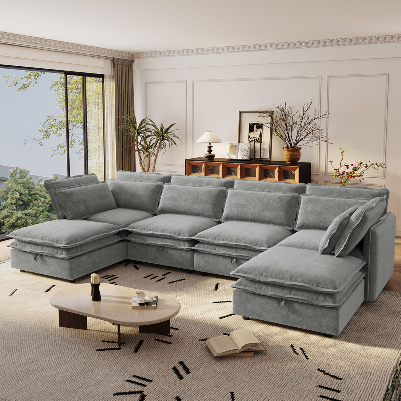Elysara Modular Sleeper Sofa Convertible Sectional, Gray Polyester, 32" H x 124.4" W x 63" D