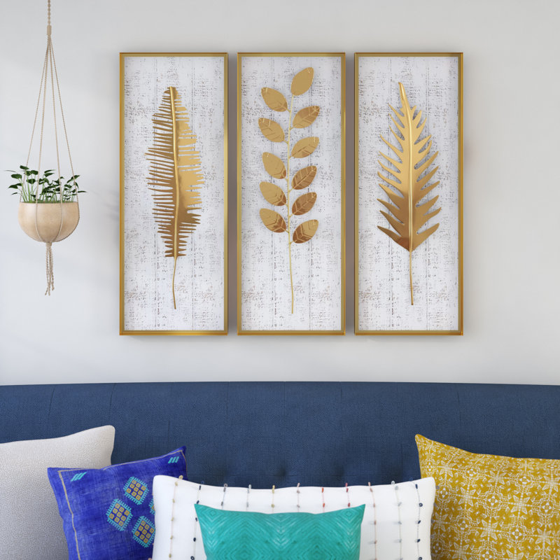 Metal Framed 3D Leaf Home Wall Decor with Distressed Wood Backing