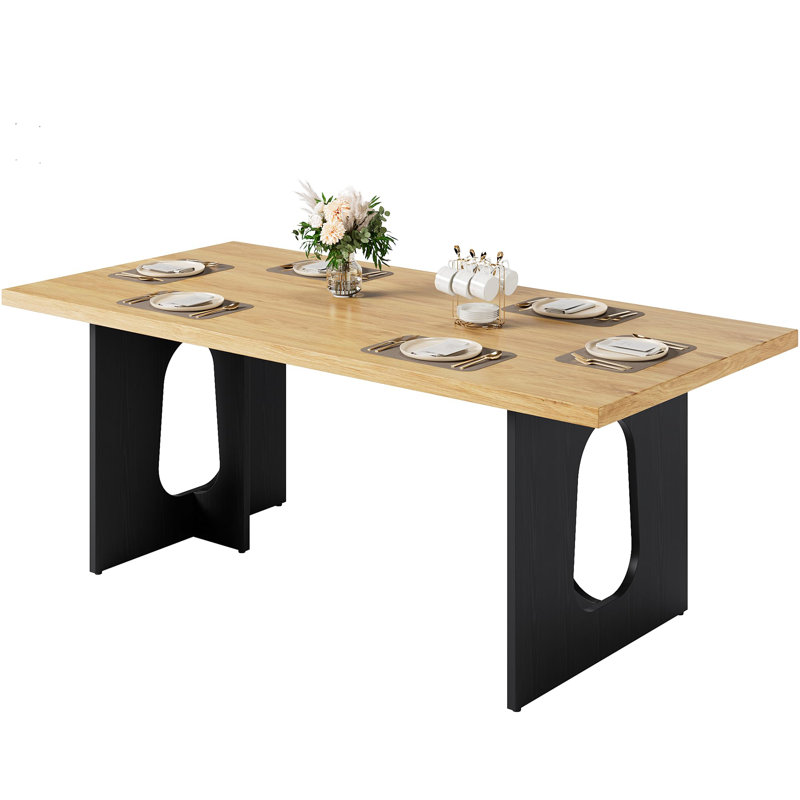 71" Dining Table for 6-8, Modern Rectangular Kitchen Table with Heavy-Duty Dual Pedestal Legs, Natural, Black