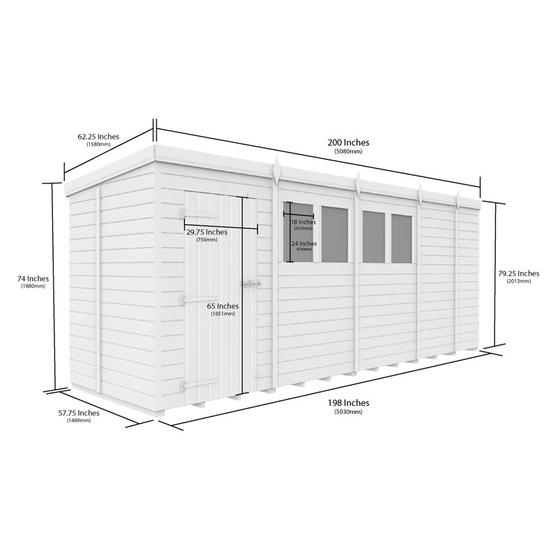 Total Sheds 17ft x 5ft Pent Garden Shed - Single Door - With Windows - Pressure Treated Timber - UK Manufactured