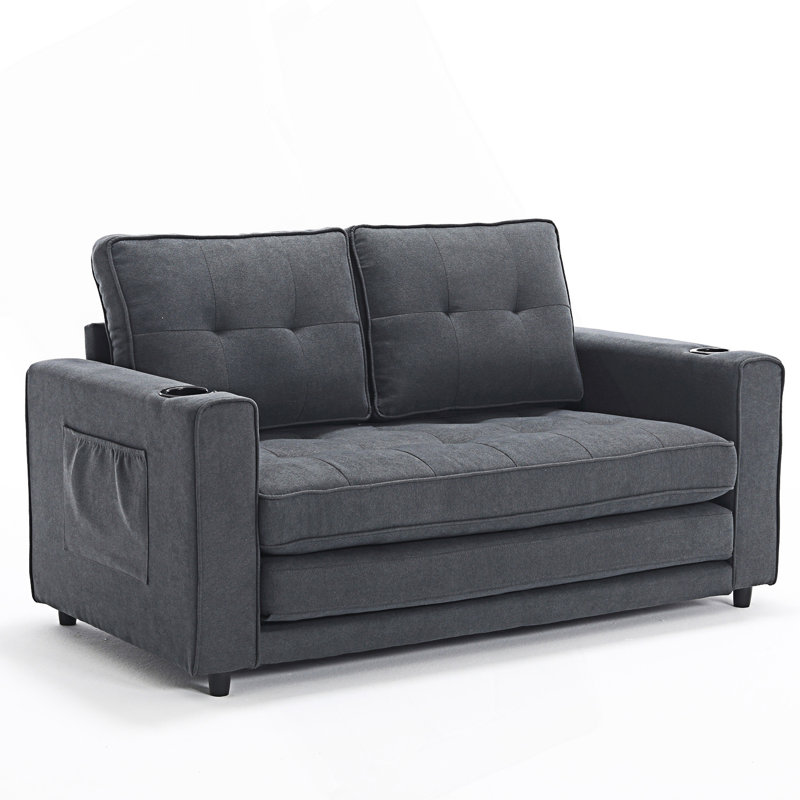 3-In-1 Upholstered Futon Sofa, Convertible Sofa Bed, Foldable Tufted Loveseat, Dark Gray
