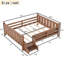 Lit double sur pied avec bibliothèques de rangement, lit pour enfant en bois massif, garde-corps et escalier, sans sommier, naturel-485079094-485079092