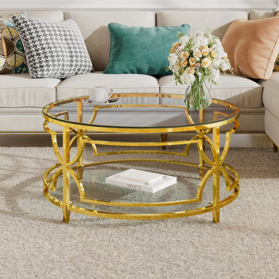 Round Tempered Glass Marlene with Luxurious Geometric Metal Frame, Gold Finish & Lower Shelf