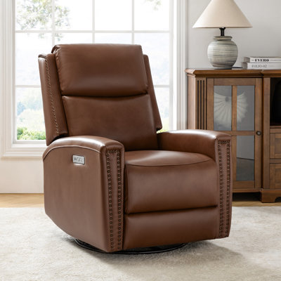 Patchogue 30.25" Genuine Leather Swivel Rocker Power Recliner with USB Ports