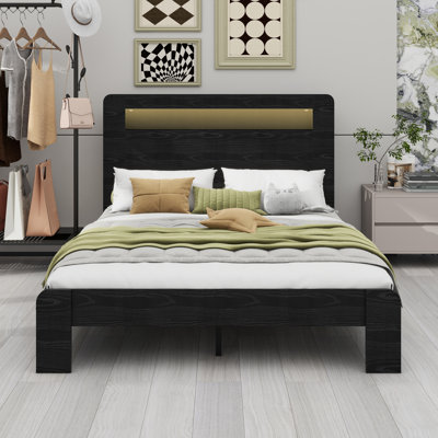 Base de lit plateforme avec tête de lit à DEL, charge USB et amplement de rangement sous le lit