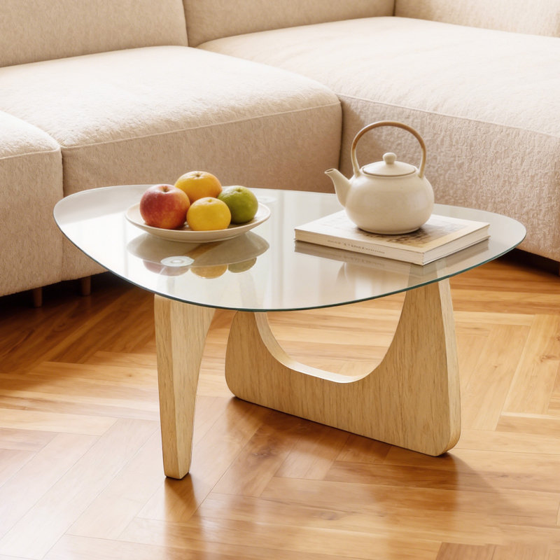 35.8"D X 25.5"W X 16"HTriangle Abstract Coffee Table Modern Tea Table With Solid Wood Base And Triangle Glass Accent Table Chic Home Office Furniture For Living Room Natural Wood Color 