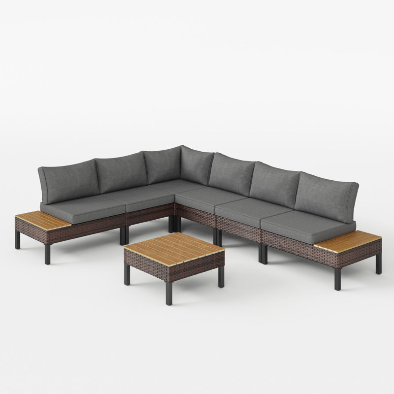 L-Shaped Rattan Outdoor Patio Sofa Set, Gray, 6