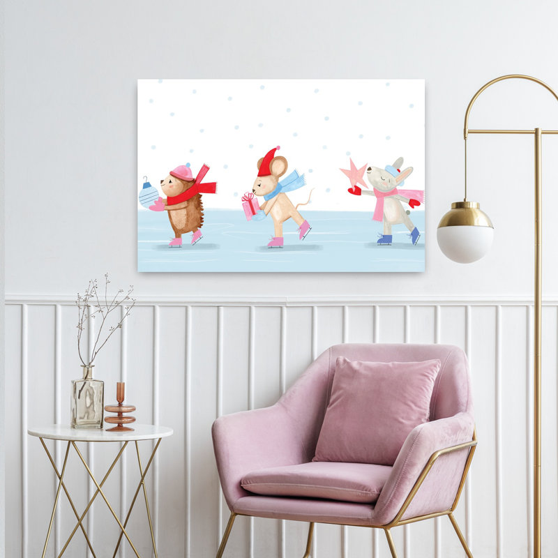 Whimsy Ice Skating Critters Contemporary Art, 24" H x 36" W