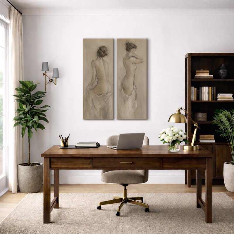 Décor minimaliste figuratif représentant une figure féminine neutre – Ensemble de 2 impressions sur toile 32 po x 12 po x 2