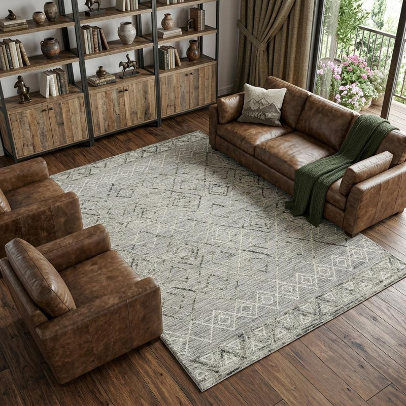 Tapis crocheté à la main argyle en laine noir et ivoire 8 pi x 10 pi