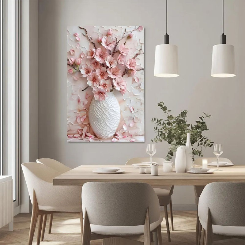 Plat en 2 dimensions, art mural sur toile encadré 1pc, branches de cerisier en fleurs, vase en céramique, impression d'art en toile sur toile, décoration murale, cadeau idéal, prêt à accrocher