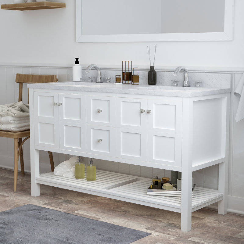 60 po X P 22 po P 35,4 po Meuble-lavabo gris H avec comptoir et lavabo blancs, Blanc