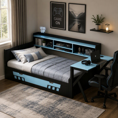 Cadre de lit de jeu avec bureau et tablettes de rangement, lumières DEL et station de charge, bibliothèque, cadre de lit peu encombrant pour enfants, adolescents, adultes, meubles de chambre à coucher de jeu modernes