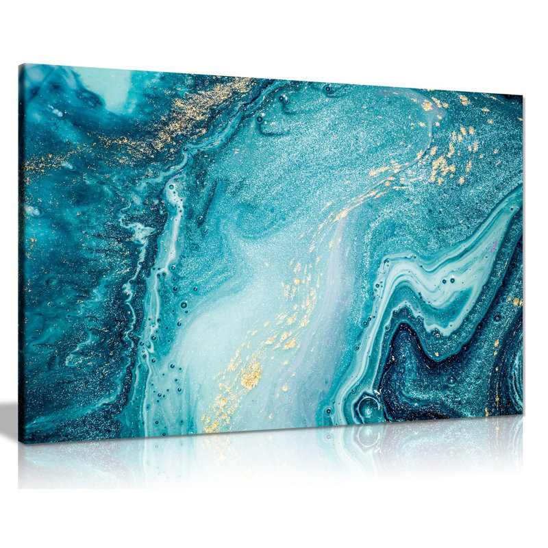 Blue Teal Gold Marble - Wrapped Canvas Painting, 46cm H x 31cm W