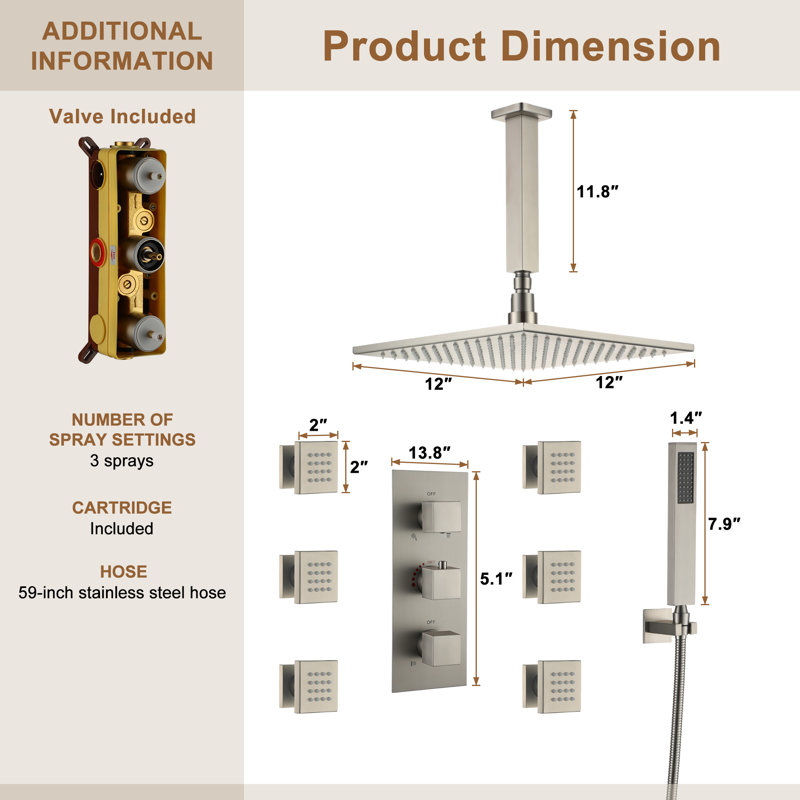 3-Function Luxury Ceiling Mount 12 Inch LED Thermostatic Shower System with 6 Body Jets, Brushed Nickel