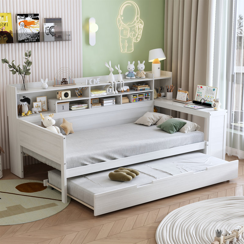 Lit de jour en bois avec tablettes de rangement, Lit simple, Blanc antique