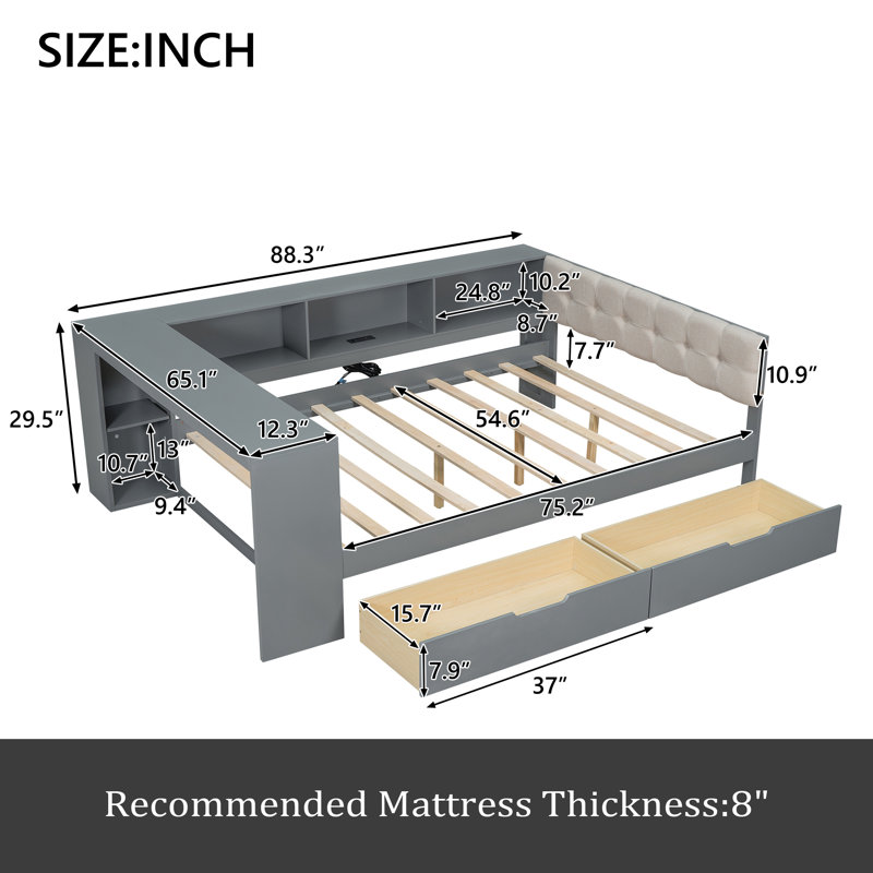 Wood Platform Bed, Gray, Full