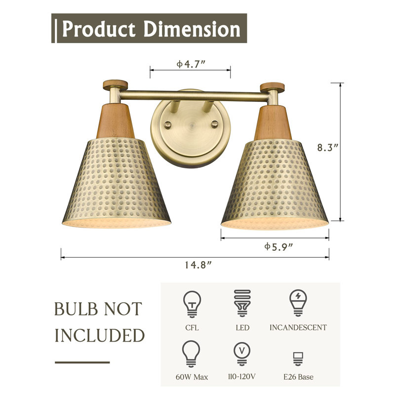 2-Light Bathroom Vanity Lights Over Mirror, Brass Gold