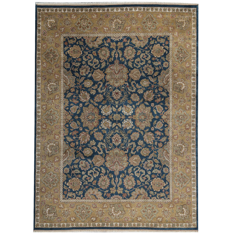 Tapis bleu et doré de haute qualité noué à la main