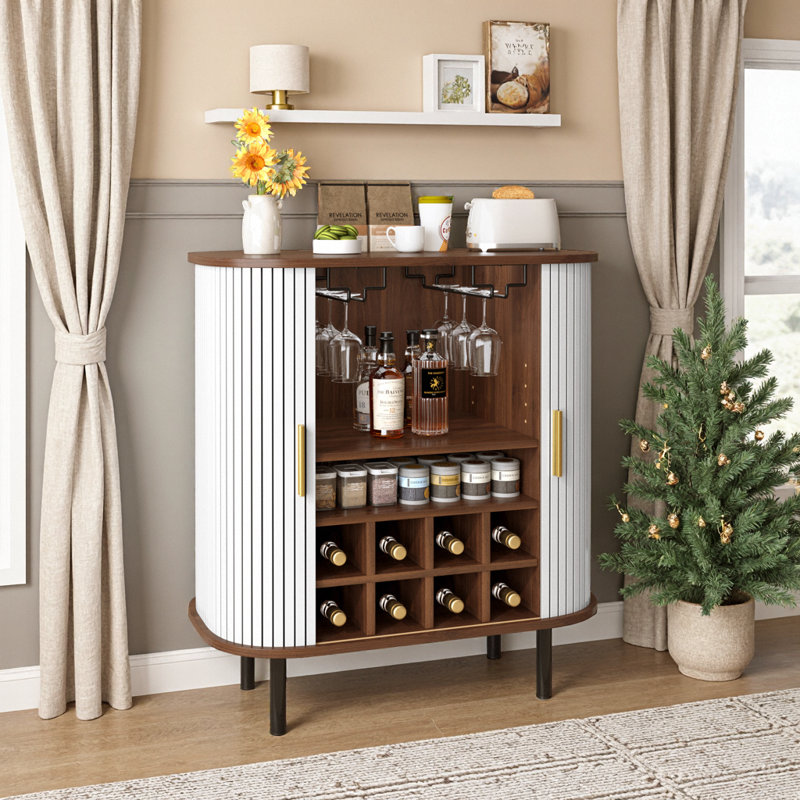 Armoire à vin avec support pour 8 bouteilles, 5 niveaux de tablettes et porte-verres, station de café moderne, Blanc