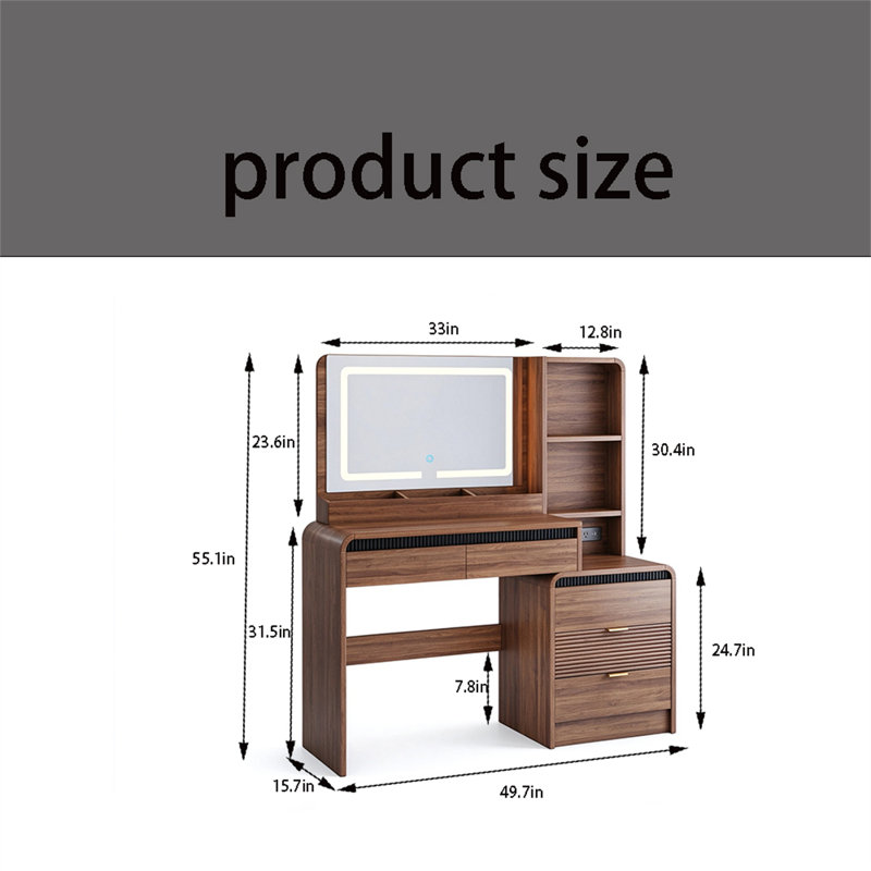 Modern Vanity Desk with Mirror and Lights, Fluted Wood Dresser with 5 Drawers & Charging Station, Curved Makeup Vanity Table with Multi-Tier Storage Shelve