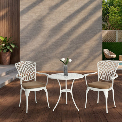 Ensemble bistro 3 pièces pour terrasse et ensemble bistro en fonte d'aluminium avec ensemble de 2 chaises avec trou pour parasol, ensemble bistro toutes saisons en métal, ensemble de mobilier d'extérieur pour jardin avec coussin