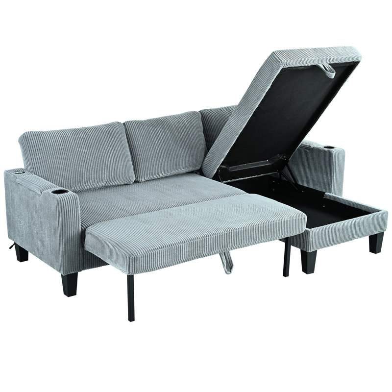 Modern Corduroy 3 Reversible Sectional With Storage Chaise, Cup Holders, Ports, And Convertible Sleeper Function For Living Room, Bedroom, Apartment, Office - Gray, 82.29 In Depth, 52.23 Width, 34.76