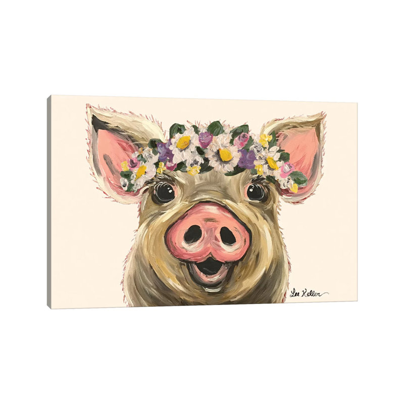 Pig With Flower Crown On Blush by Hippie Hound Studios - Wrapped Canvas Painting, 20.32 cm H x 30.48 cm W