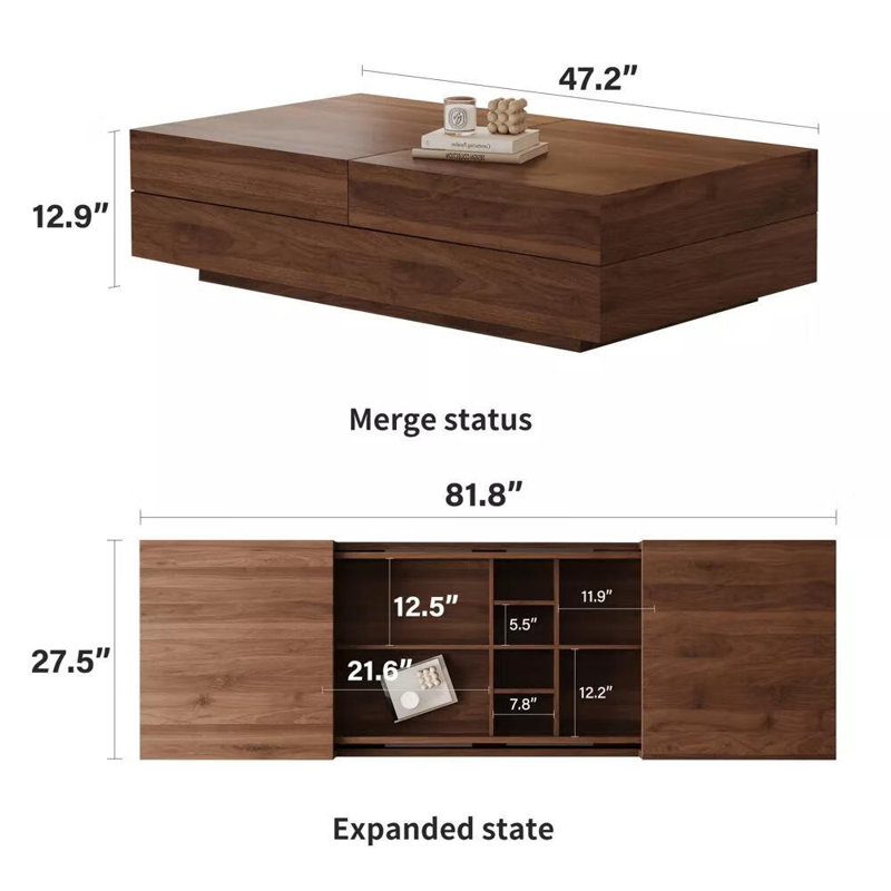 47.2"-81.8" Expandable  Rectangular Coffee Table-with Storage Cabinet for Living Room, Walnut