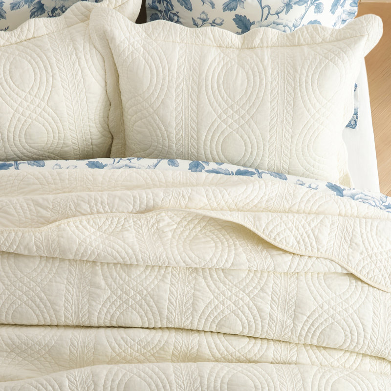 Ensemble de courtepointe 100% coton Scallop Edge, Ivoire blanc, Courtepointe très grand et 2 très grandes taies 