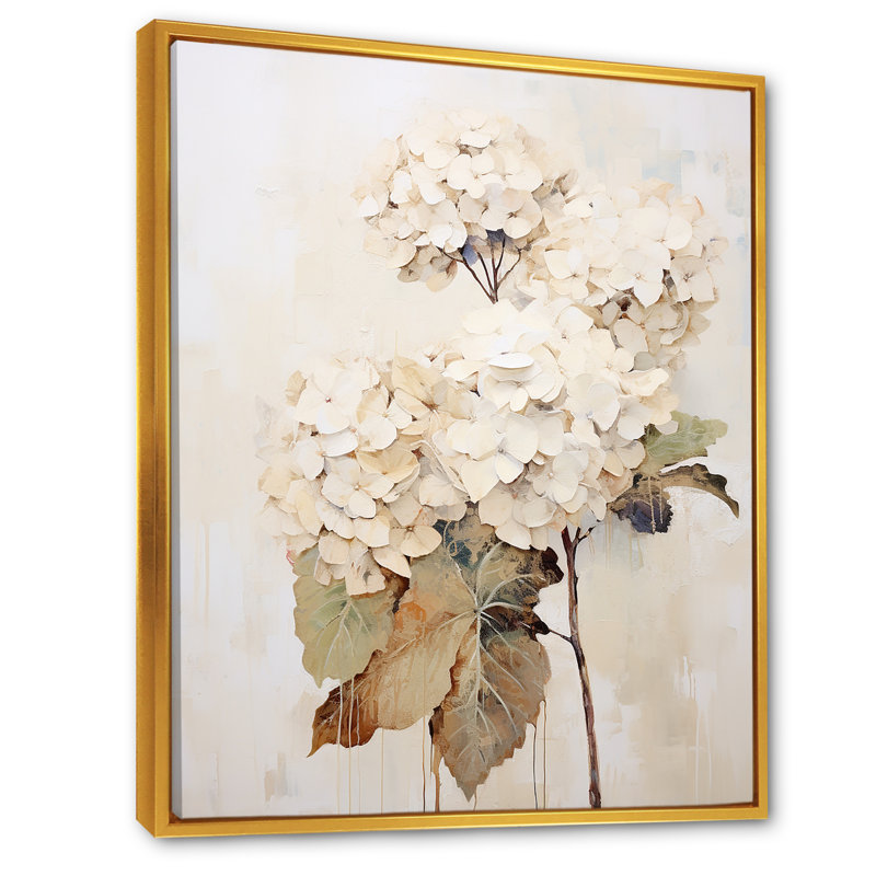 Rétro minimalisme hydrangée IV - art mural hortensia, Cadre flottant doré, H 44 po x l 34 po x P 1,5 po
