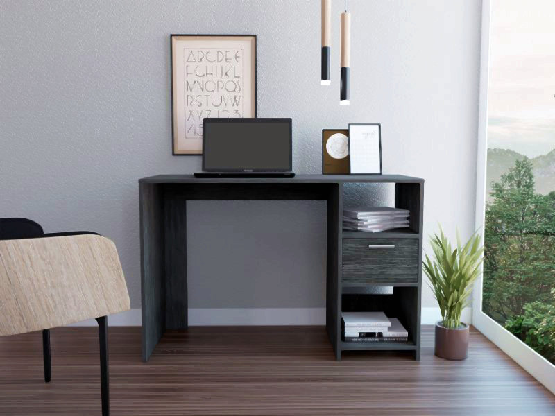 Bureau d'ordinateur avec 1 tiroir et 2 tablettes de rangement ouvertes, Gris