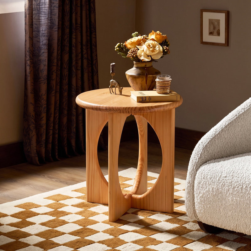 Natural Pine Wood Round End Table - Modern Geometric Cross-Leg Accent Side Table