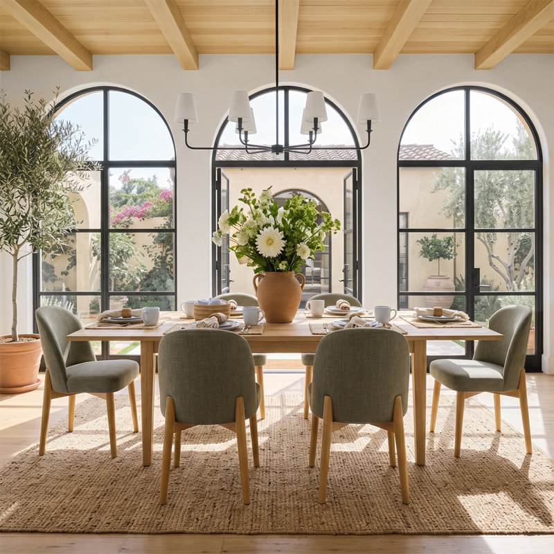 Ensemble de salle à manger extensible en bois naturel avec 6 chaises rembourrées, Vert