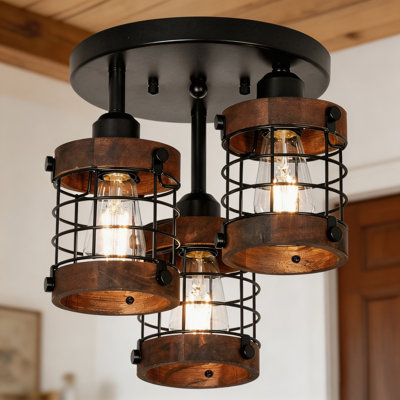 Luminaire suspendu campagnard à 3 lumières de style rétro avec plafonnier semi-encastré en bois de style rétro pour cage de couloir