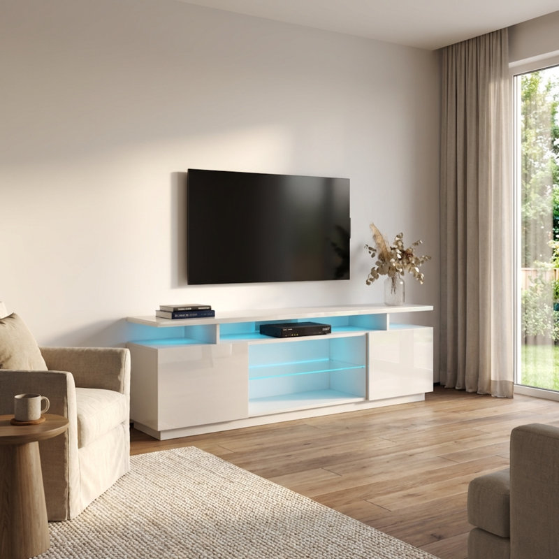 Howlett 71" Modern TV Stand with 16-Color LED Lighting, High Gloss Finish, Media Storage, White