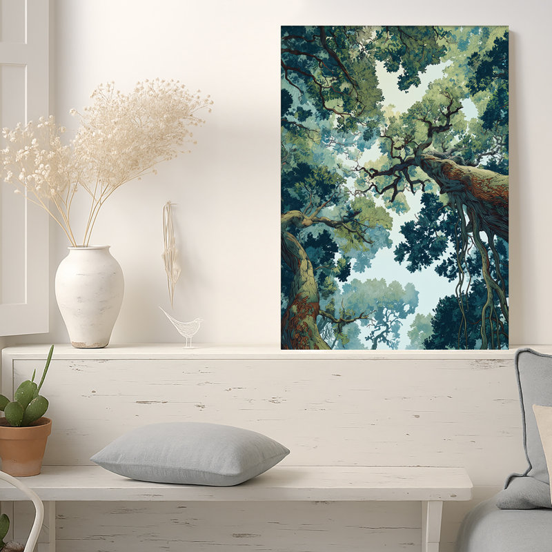 Toile verte avec auvent avec branches torsadées et vignes, art mural, 24"H x 18"W