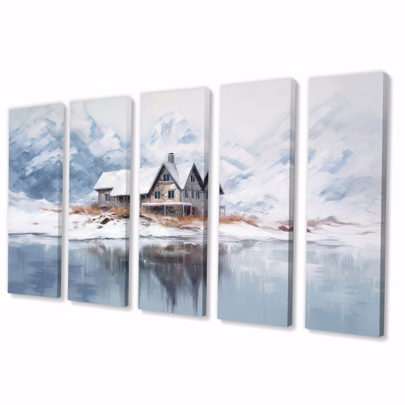 «White and beige Cozy Snow Cabin», impression sur toile campagne - 5 panneaux égaux