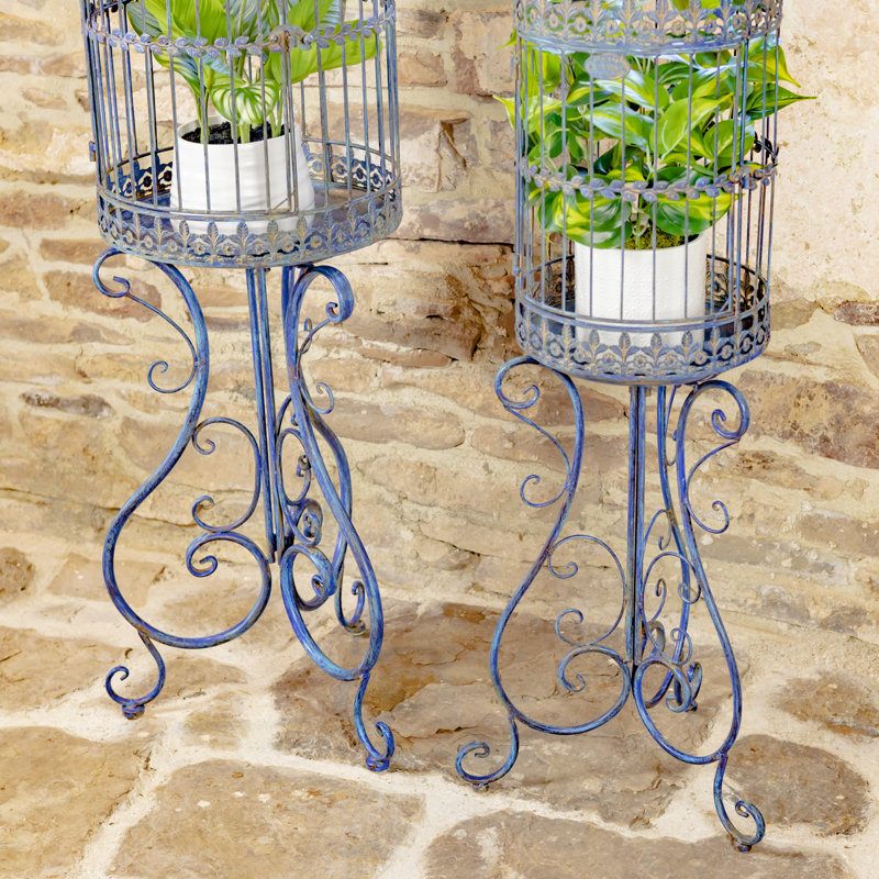 Kubra Two Piece Victorian-Style Iron Bird Cage Planter with Stand, Blue