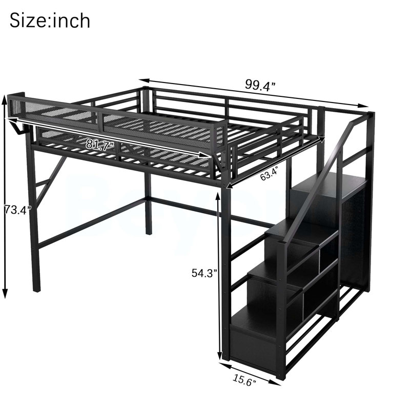 Grand lit mezzanine avec escalier, grand lit mezzanine en métal avec tablettes de rangement, lit mezzanine haut avec garde-robe pour enfants, adolescents, adultes, noir