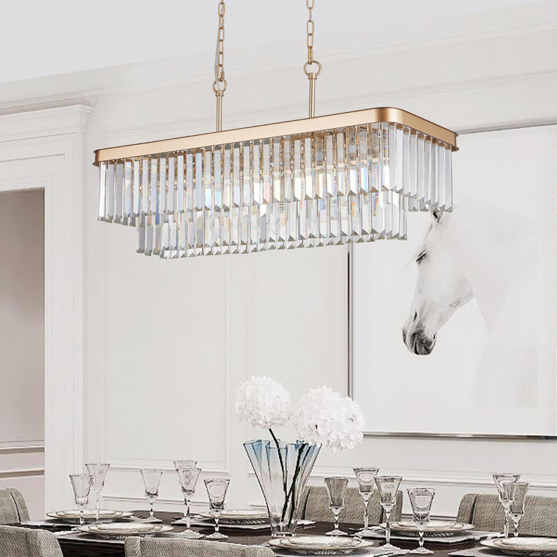 Chandelier Series, Adjustable Rectangular Crystal Chandelier, E12 Modern Industrial Crystal Light, Rustic Wrought Iron Ceiling Pendant (Suitable for Kitchen/Living Room/Bedroom) Gold (Bulbs Not Included)