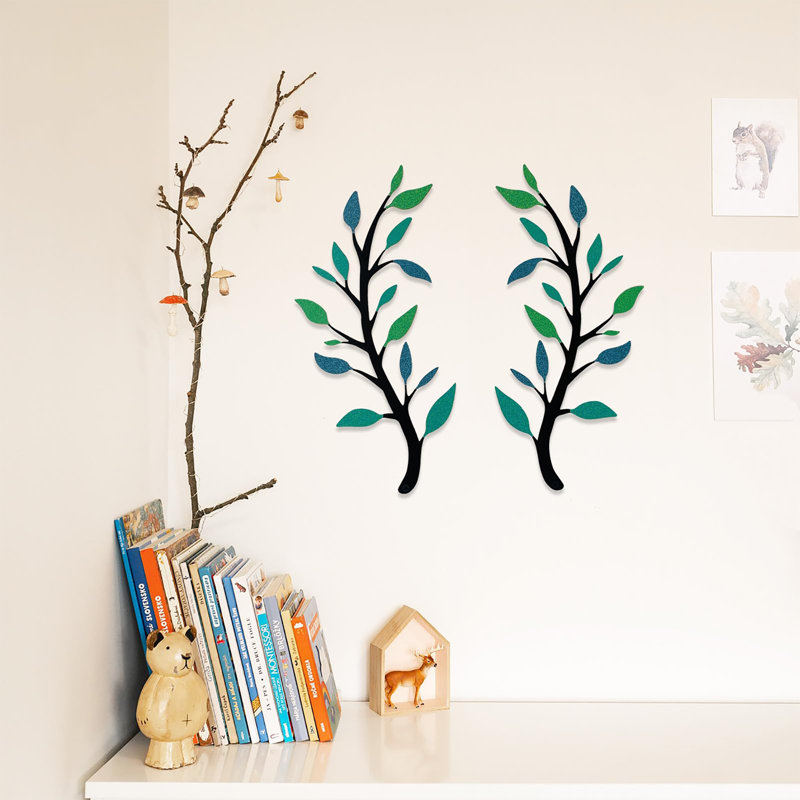 2 Pieces Metal Tree Leaf Wall Décor, Dark Green