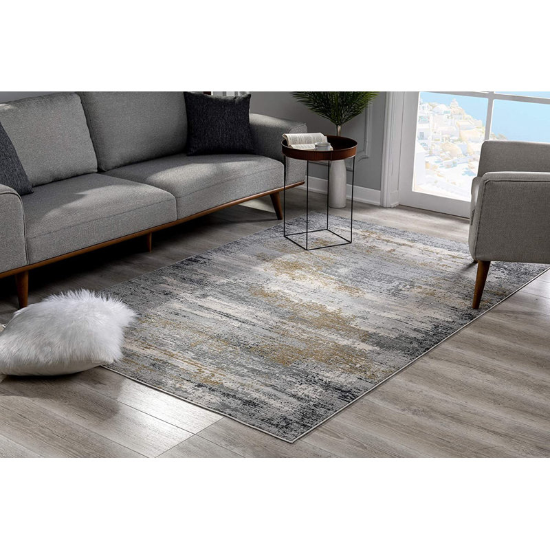 Tapis gris abstrait rectangulaire en viscose tissé à la machine 3 pi 9 po x 5 pi 6 po Ryler