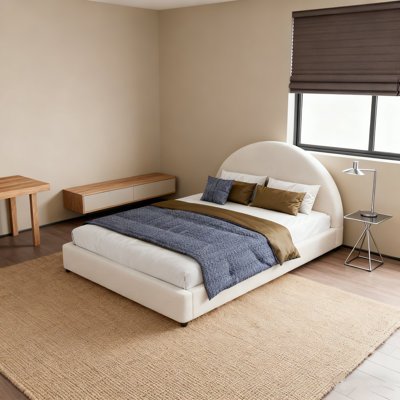 Modern Boucle Upholstered Bed with Round Curved Headboard and Wood Frame (Queen)