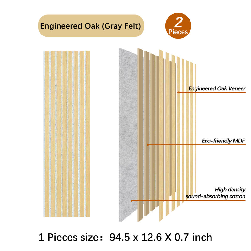 94.5 in. x 12.6 in. Wood Slat Acoustic Panels, MDF Decorative Wall Paneling (2 Piece/16.5 sq. ft.), Oak Gray