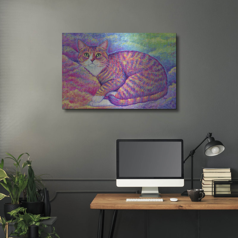 «Rainbow Cat In The Clouds» par Rebecca Wang, art mural en métal, H 24 po x l 36 po