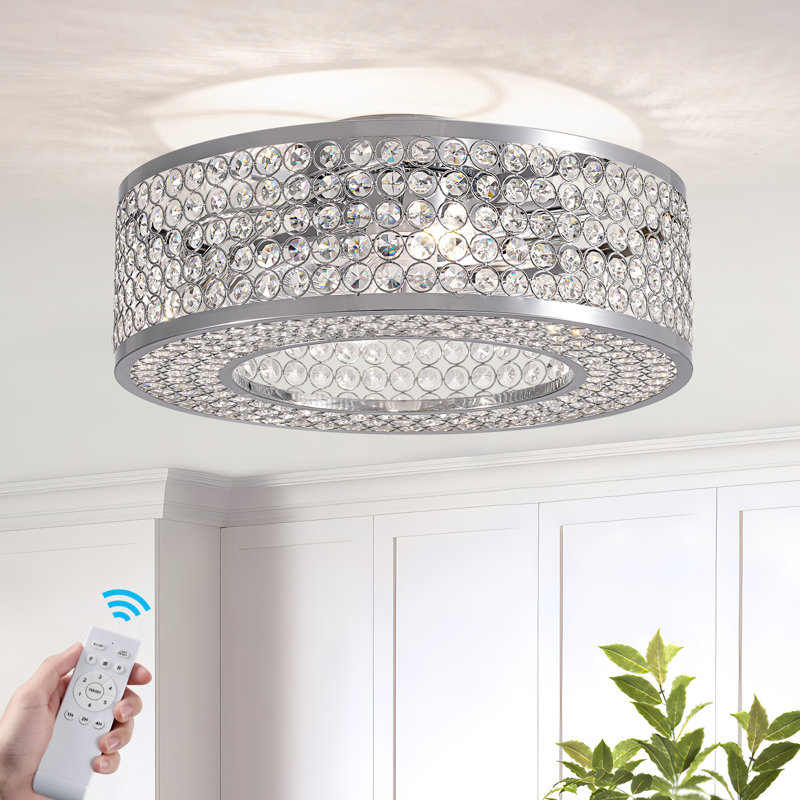 Ventilateur de plafond encastré en cristal 19,7 po avec ensemble d'éclairage et télécommande Katyanna, Chrome chrome