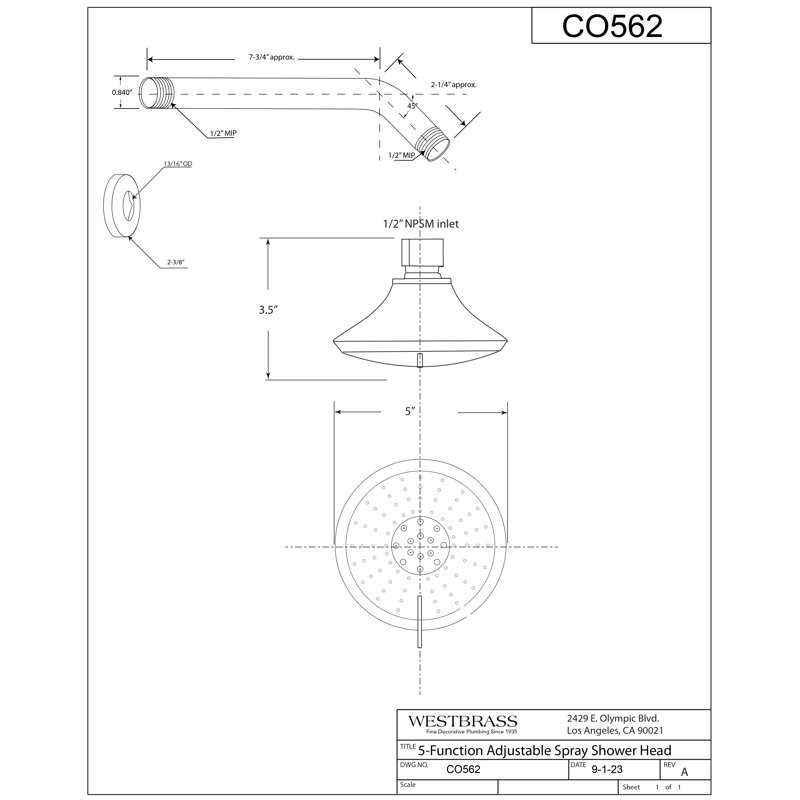 5" Round Thin 5-Function Adjustable Spray Shower Head with 10" Wall Mount Arm, Matte Black