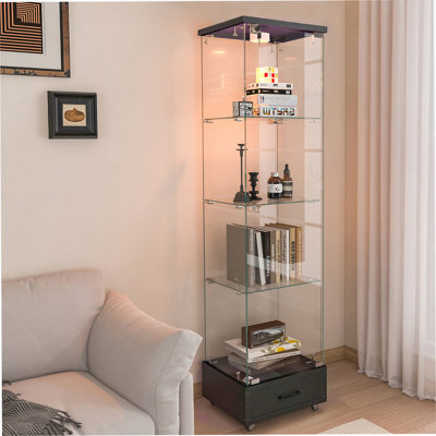 Vitrine avec bibliothèque en verre, tiroir et lumière DEL